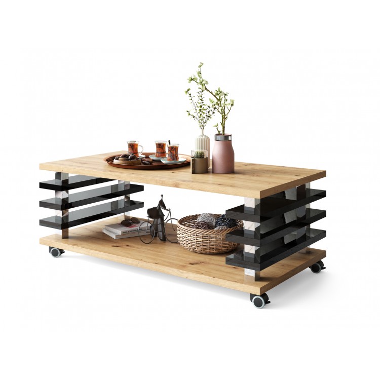 PORTO Eik Artisan/Zwart glans - MODERNE KOFFIETAFEL MET LAMELLEN 2IN1, OP WIELEN/POTEN PORTO Eik Artisan/Zwart glans - MODERNE KOFFIETAFEL MET LAMELLEN 2IN1, OP WIELEN/POTEN