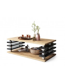 PORTO Eik Ambachtelijk Goud/Zwart Glans - MODERNE KOFFIETAFEL MET LAMELLEN 2IN1, OP WIELEN/POTEN