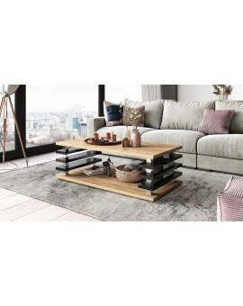 PORTO Eik Ambachtelijk Goud/Zwart Glans - MODERNE KOFFIETAFEL MET LAMELLEN 2IN1, OP WIELEN/POTEN