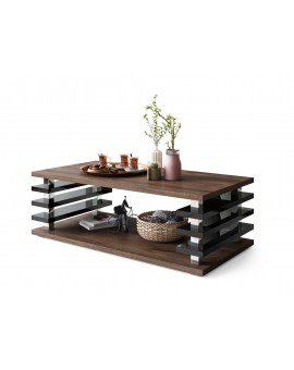 PORTO Eik Bruin/Zwart Glans - MODERNE KOFFIETAFEL MET LAMELLEN 2IN1, OP WIELEN/POTEN