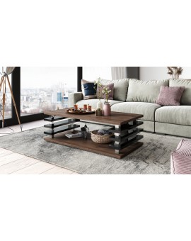 PORTO Eik Bruin/Zwart Glans - MODERNE KOFFIETAFEL MET LAMELLEN 2IN1, OP WIELEN/POTEN