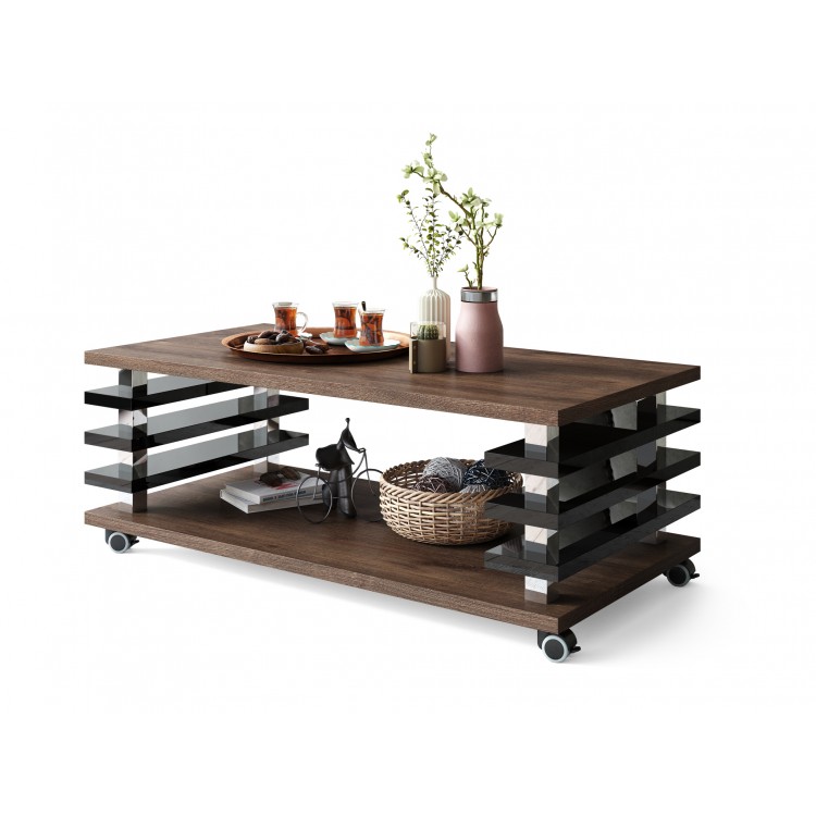 PORTO Eik Bruin/Zwart Glans - MODERNE KOFFIETAFEL MET LAMELLEN 2IN1, OP WIELEN/POTEN