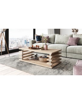 PORTO Eik Sonoma - MODERNE KOFFIETAFEL MET LAMELLEN 2IN1, OP WIELEN/POTEN