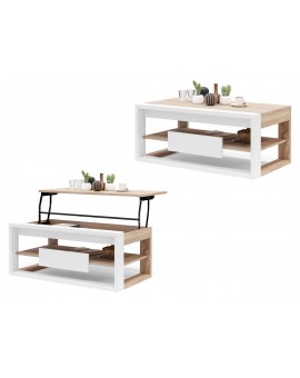 FRAME Eik Sonoma/Wit mat - MODERNE TAFEL MET OPTILBAAR TAFELBLAD/IN HOOGTE VERSTELBAAR TAFELBLAD + OPBERGVAK + PLANK