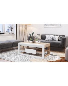 FRAME Eik Sonoma/Wit mat - MODERNE TAFEL MET OPTILBAAR TAFELBLAD/IN HOOGTE VERSTELBAAR TAFELBLAD + OPBERGVAK + PLANK