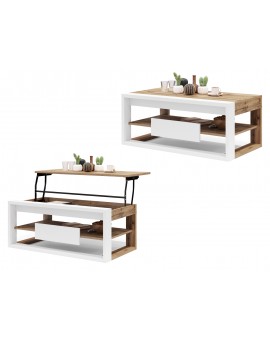 FRAME Eik Wotan/Wit Mat - MODERNE TAFEL MET OPTILBAAR TAFELBLAD/IN HOOGTE VERSTELBAAR TAFELBLAD + OPBERGVAK + PLANK