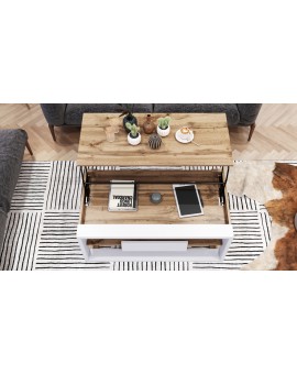 FRAME Eik Wotan/Wit Mat - MODERNE TAFEL MET OPTILBAAR TAFELBLAD/IN HOOGTE VERSTELBAAR TAFELBLAD + OPBERGVAK + PLANK