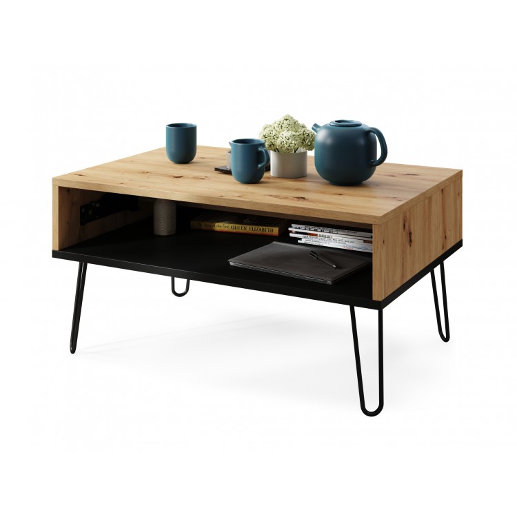 HAIRPIN S-90 EiK Artisan/Zwart Mat - MODERNE KOFFIETAFEL MET OPKLAPBARE TAFEL + OPBERGVAK + PLANK HAIRPIN S-90 EiK Artisan/Zwart Mat - MODERNE KOFFIETAFEL MET OPKLAPBARE TAFEL + OPBERGVAK + PLANK