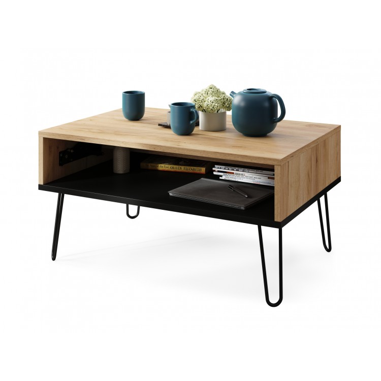 HAIRPIN S-90 EIK Ambachtelijk Goud/Zwart Mat - MODERNE KOFFIETAFEL MET OPKLAPBARE TAFEL + OPBERGVAK + PLANK HAIRPIN S-90 EIK Ambachtelijk Goud/Zwart Mat - MODERNE KOFFIETAFEL MET OPKLAPBARE TAFEL + OPBERGVAK + PLANK