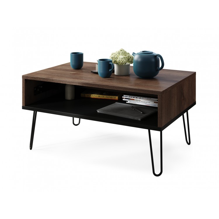 HAIRPIN S-90 Eik Bruin/Zwart Mat - MODERNE KOFFIETAFEL MET OPKLAPBARE TAFEL + OPBERGVAK + PLANK