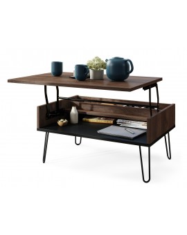 HAIRPIN S-90 Eik Bruin/Zwart Mat - MODERNE KOFFIETAFEL MET OPKLAPBARE TAFEL + OPBERGVAK + PLANK