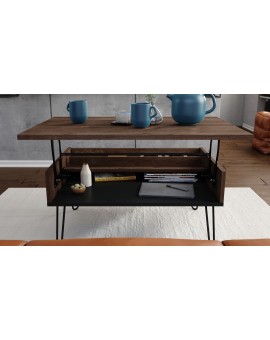 HAIRPIN S-90 Eik Bruin/Zwart Mat - MODERNE KOFFIETAFEL MET OPKLAPBARE TAFEL + OPBERGVAK + PLANK