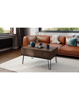 HAIRPIN S-90 Eik Bruin/Zwart Mat - MODERNE KOFFIETAFEL MET OPKLAPBARE TAFEL + OPBERGVAK + PLANK