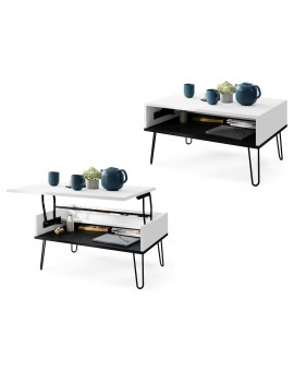 HAIRPIN S-90 Wit Mat/Zwart Mat - MODERNE KOFFIETAFEL MET OPKLAPBARE TAFEL + OPBERGVAK + PLANK