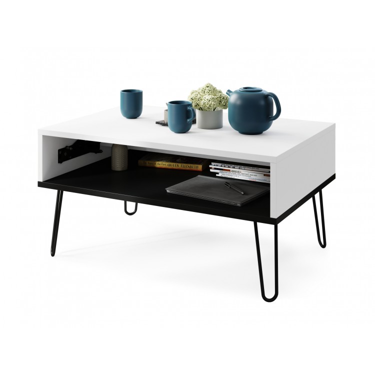 HAIRPIN S-90 Wit Mat/Zwart Mat - MODERNE KOFFIETAFEL MET OPKLAPBARE TAFEL + OPBERGVAK + PLANK HAIRPIN S-90 Wit Mat/Zwart Mat - MODERNE KOFFIETAFEL MET OPKLAPBARE TAFEL + OPBERGVAK + PLANK