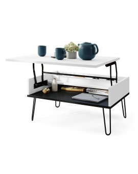 HAIRPIN S-90 Wit Mat/Zwart Mat - MODERNE KOFFIETAFEL MET OPKLAPBARE TAFEL + OPBERGVAK + PLANK