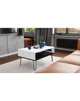 HAIRPIN S-90 Wit Mat/Zwart Mat - MODERNE KOFFIETAFEL MET OPKLAPBARE TAFEL + OPBERGVAK + PLANK