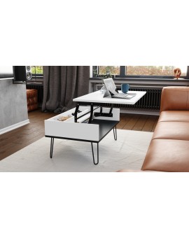 HAIRPIN S-90 Wit Mat/Zwart Mat - MODERNE KOFFIETAFEL MET OPKLAPBARE TAFEL + OPBERGVAK + PLANK