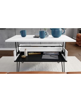 HAIRPIN S-90 Wit Mat/Zwart Mat - MODERNE KOFFIETAFEL MET OPKLAPBARE TAFEL + OPBERGVAK + PLANK
