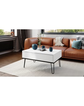 HAIRPIN S-90 Wit Mat/Zwart Mat - MODERNE KOFFIETAFEL MET OPKLAPBARE TAFEL + OPBERGVAK + PLANK