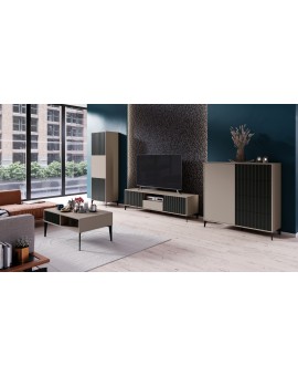 Commode RIMINI K-242, Taupe Beige/Mat Zwart - MODERNE KAST MET LADEN EN GERIBBELDE FRONTEN