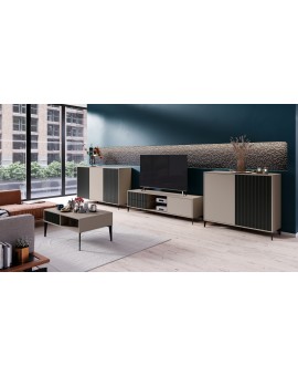 Komoda Rimini K-242 Béžová Taupe / Čierna matná - MODERNÁ SKRIŇA S DRÁŽKOVANÝMI ČELAMI