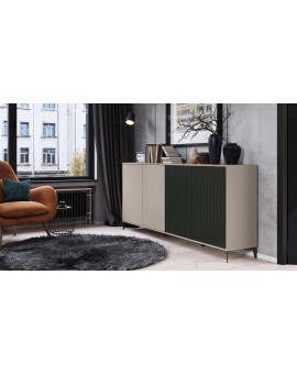 Komoda Rimini K-242 Béžová Taupe / Čierna matná - MODERNÁ SKRIŇA S DRÁŽKOVANÝMI ČELAMI