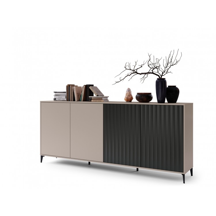 Komoda Rimini K-242 Béžová Taupe / Čierna matná - MODERNÁ SKRIŇA S DRÁŽKOVANÝMI ČELAMI
