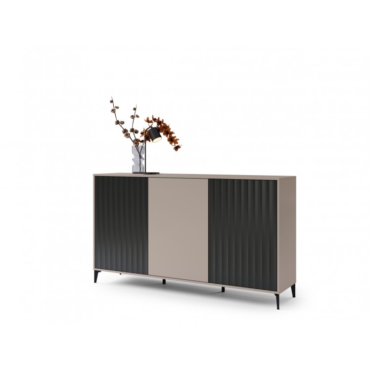Commode RIMINI K-182 Taupe Beige/Mat Zwart - MODERNE KAST MET LADEN EN GERIBBELDE FRONTEN Commode RIMINI K-182 Taupe Beige/Mat Zwart - MODERNE KAST MET LADEN EN GERIBBELDE FRONTEN