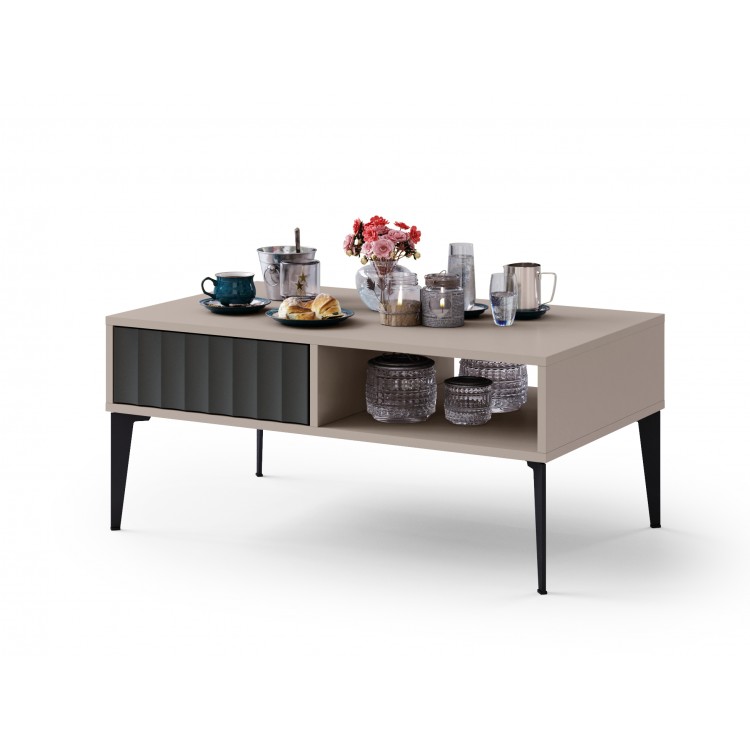 Tafel RIMINI S-100, Taupe Beige/Mat Zwart - MODERNE KAST MET LADEN/PLANKEN EN GERIBBELDE FRONTEN